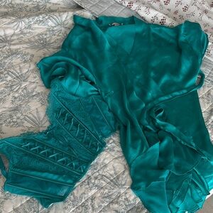 Teal Satin Lace Robe